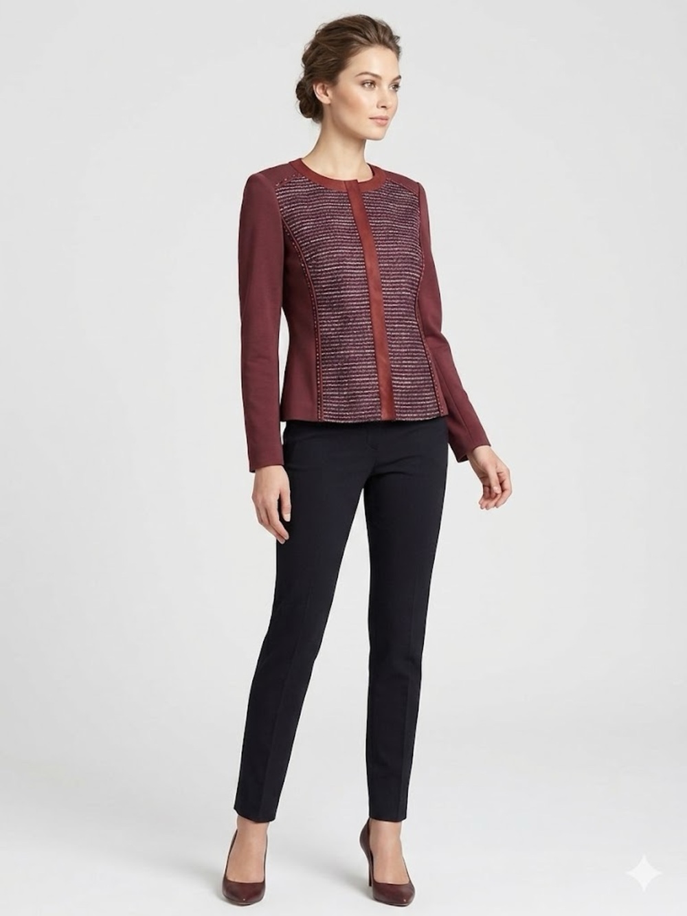 Lafayette 148 New York Burgundy Panelled Round-Neck Blazer